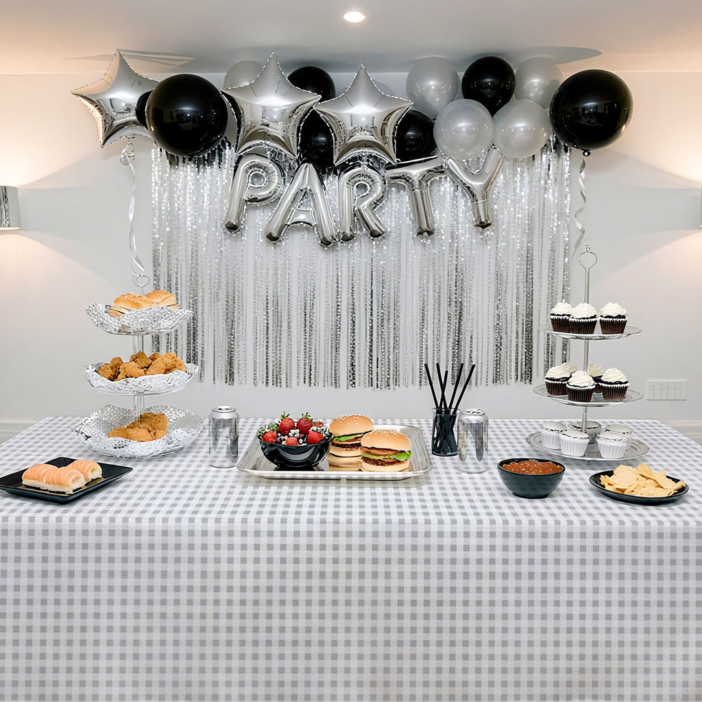 3 Piece Silver Checkered Plastic Rectangular Tablecloth - Silver and white checkered pattern, 54 x 108 inches, perfect for weddings, birthday parties.