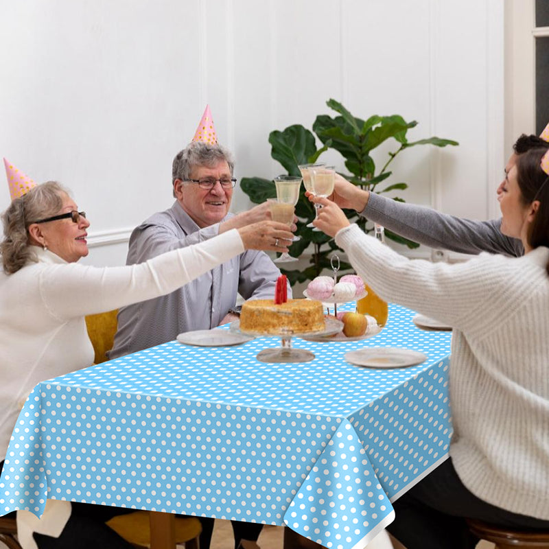 3 Piece Blue Polka Dot Tablecloth - Disposable plastic blue and white tablecloths, perfect for outdoor picnics, birthday parties, Mother's Day, bridal shower party decorations.