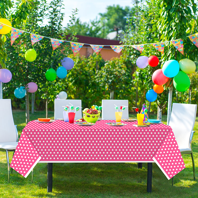 3 Piece Rose Pink Polka Dot Tablecloth - Disposable plastic rose pink and white tablecloths, suitable for outdoor picnics, birthdays, Mother's Day, gender reveal parties, bridal shower party decorations.