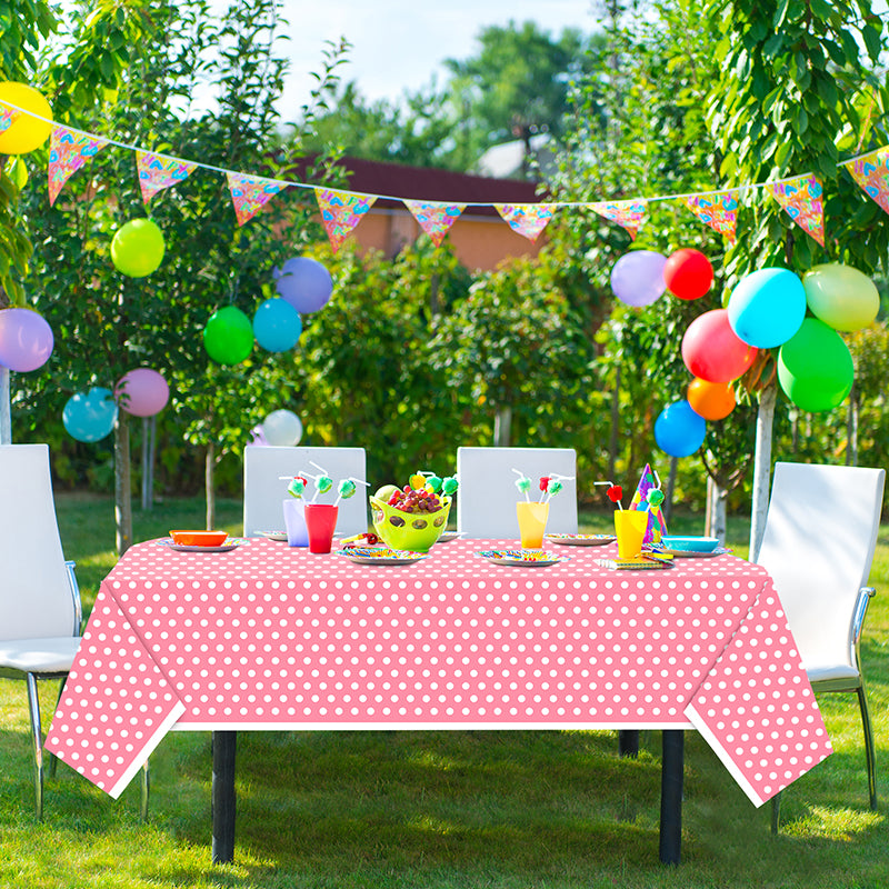 3 Pink Polka Dot Tablecloths – Disposable pink and white plastic tablecloths, perfect for outdoor picnics, birthday parties, gender reveal parties, and bridal shower party decorations.