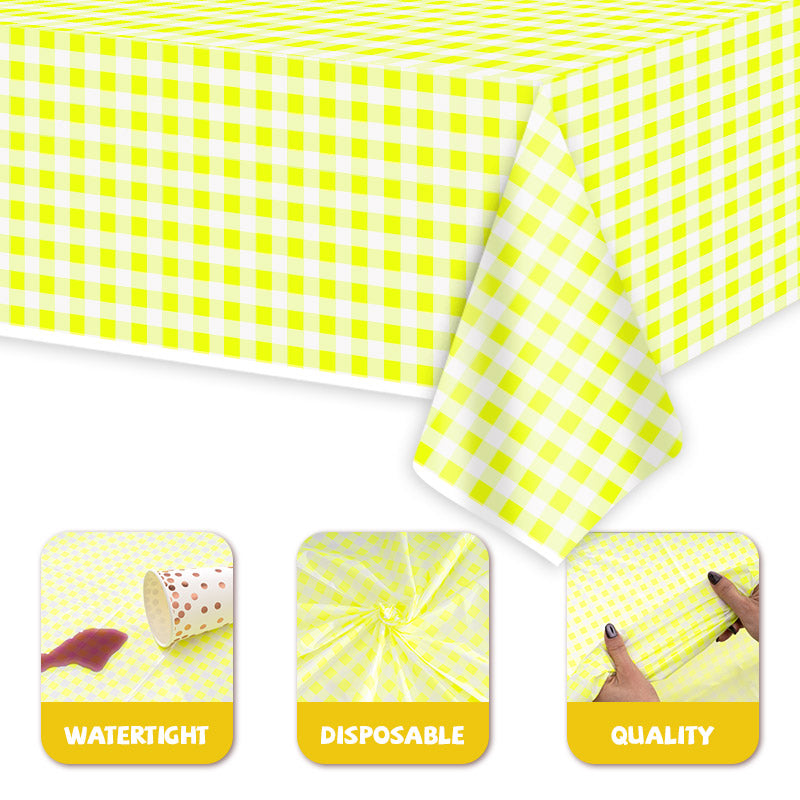 3 pieces fluorescent yellow and white plaid design for picnics, Mother's Day, anniversaries, birthdays BBQ, food table covers, disposable plastic party tablecloths party supplies 54 x 108 inches