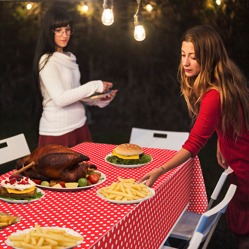 3 Piece Red Polka Dot Tablecloth - Disposable plastic red and white tablecloths, perfect for outdoor picnics, birthdays, Mother's Day, Christmas, bridal shower party decorations.