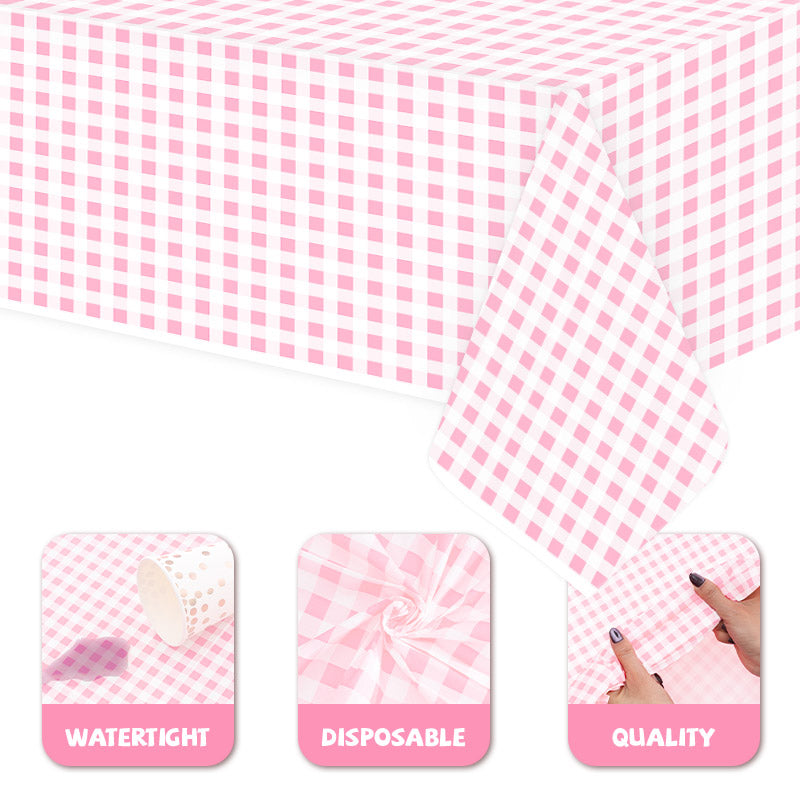 3 Piece Pink and White Checkered Picnic Tablecloth - Disposable checkered tablecloths, buffalo check, rectangular party tablecloths, suitable for picnics, farm birthdays, parties, weddings, barbecues.