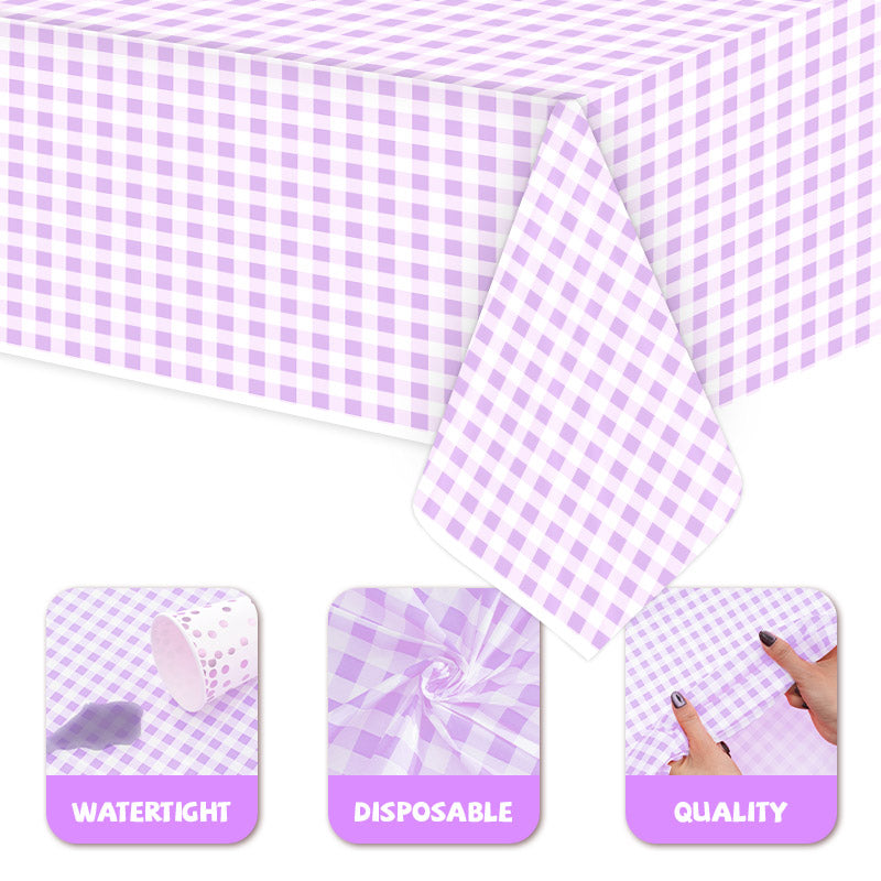 3 Piece Light Purple&White Checkered Picnic Tablecloth - Disposable checkered tablecloths, buffalo check, rectangular party tablecloths, suitable for Father's Day, picnics, farm birthdays, parties, weddings, barbecues.