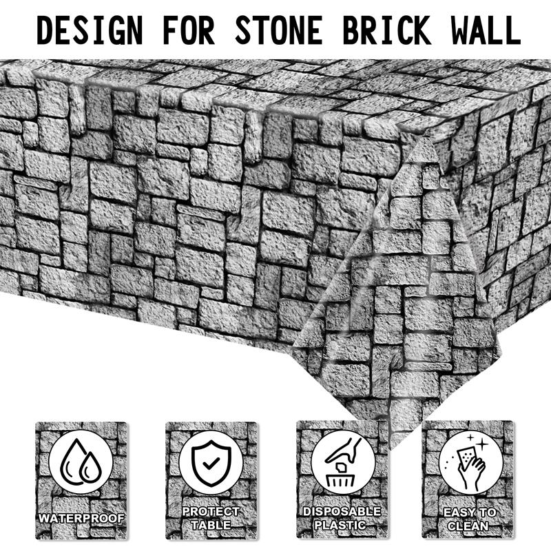9 Pack Disposable Party Tablecloths, Stone Wall Print Design, 54 x 108 Inch Tablecloths, Disposable Plastic Brick Wall Decor, Medieval Castle Theme Brick Food Table Covers, Perfect for Halloween Birthday Parties and Home Decor.